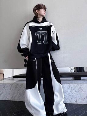 Oversized Black & White Hoodie and Wide-Leg Pants Set